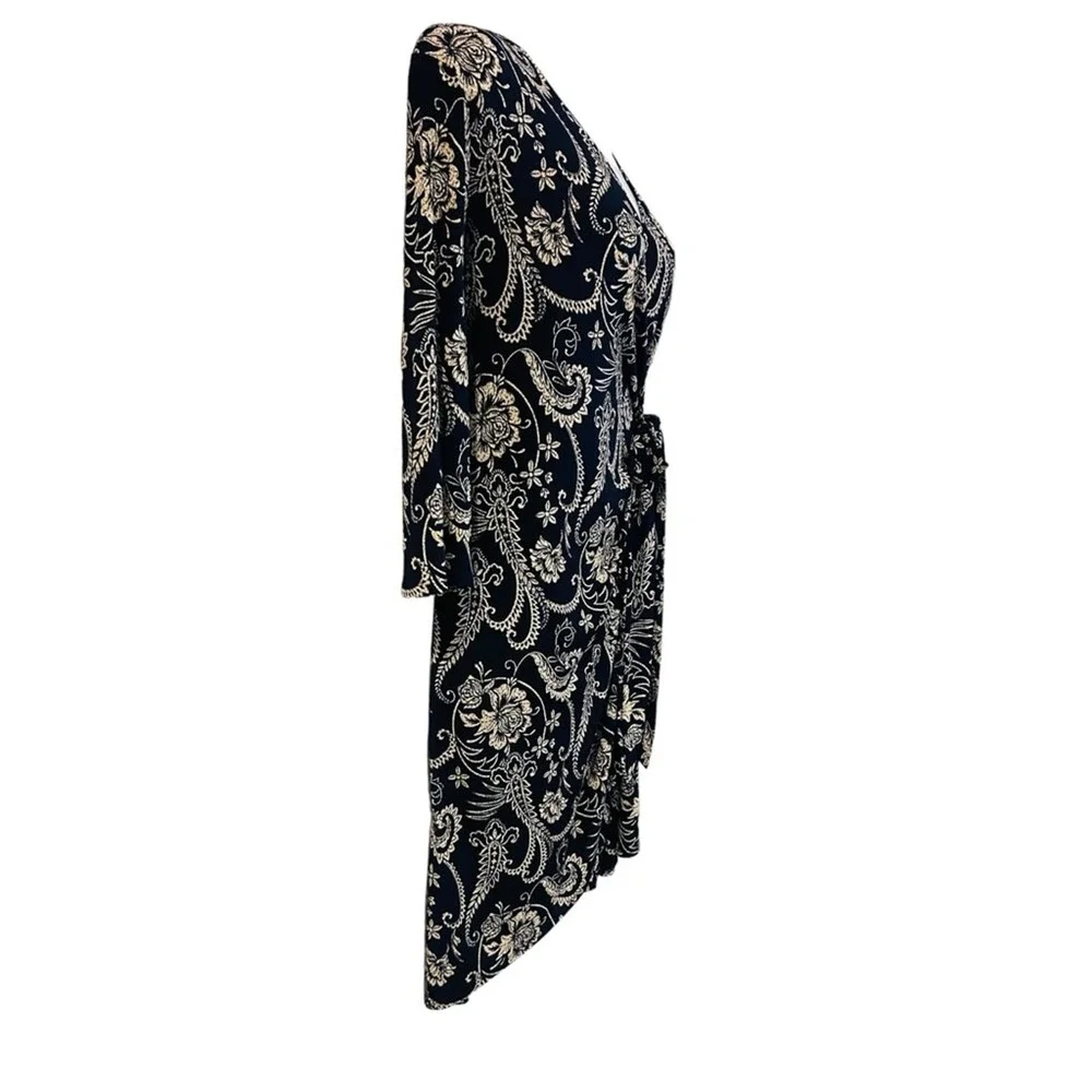 ⭐️Moci Purple Rain Navy Jersey Knit Floral Wrap Office Casual Date Night Dress - Picture 4 of 15